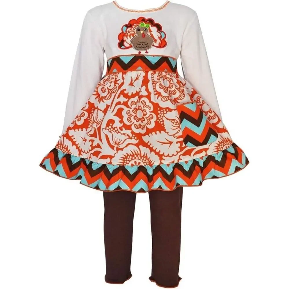 Ann Loren BNWT Girl's Thanksgiving Outfit‎ Chevron Turkey Dress Size 4-5